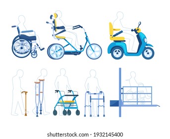 Orthopedic accessories for people with restricted abilities handicapped disabled people elderly. Orthopedic equipment cane crutches walkers wheelchair scooter bicycle lift for disabled people vector