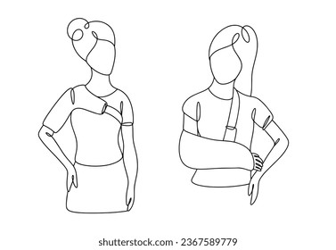 Orthopedic arm splint for limb fixation. World Trauma Day. One line drawing for different uses. Vector illustration.