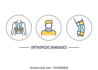Orthopedic bandages line color icons set. Rehabilitation after injuries. Isolated vector element