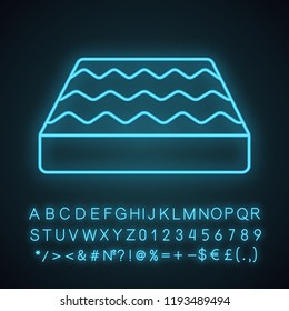 Orthopedic bed mattress neon light icon. Memory foam, latex, innerspring mattress. Bedding. Glowing sign with alphabet, numbers and symbols. Vector isolated illustration