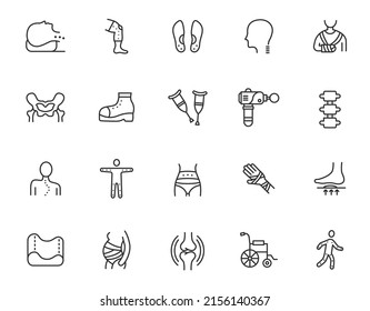 Orthopedic bone knee posture line icon. Surgery body spine injury back broken fracture chiropractic medical clinic icon set