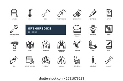 Orthopedic bone medical healthcare treatment detailed outline line icon set