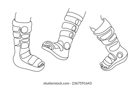 Orthopedic boot on an injured leg. World Trauma Day. One line drawing for different uses. Vector illustration.