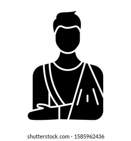 Orthopedic cast glyph icon. Fractured bone. Patient with broken arm. Medical procedure. Injury treatment. Accident help. Trauma aid. Silhouette symbol. Negative space. Vector isolated illustration