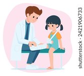 Orthopedic Cast of a Little Girl Patient, Doctor Putting on Plaster Cast to Girl Child Patient, Cartoon Vector Flat Illustration