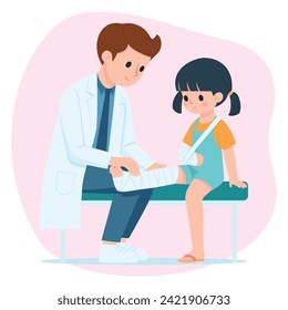 Orthopedic Cast of a Little Girl Patient, Doctor Putting on Plaster Cast to Girl Child Patient, Cartoon Vector Flat Illustration