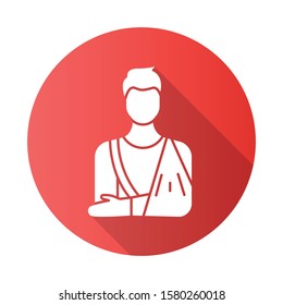 Orthopedic cast red flat design long shadow glyph icon. Fractured bone. Patient with broken arm. Medical procedure. Injury treatment. Accident help. Trauma aid. Vector silhouette illustration