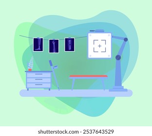 Interior de clínica ortopédica con Ilustración vectorial de equipos médicos. Aparatos de rayos X con escáneres de rayos X. Hospital, servicio médico, tratamiento