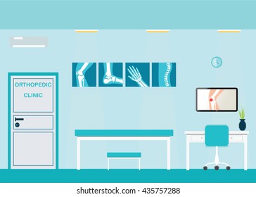 Orthopedic clinics and diagnostic centers with the skeletal spinal bone structure of Human Spine and hospital bed ,medical health care anatomy vector illustration.