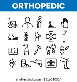 Orthopedic Collection Elements Vector Icons Set Thin Line. Orthopedic And Trauma Rehabilitation, Cervical Collar And Walkers Concept Linear Pictograms. Medical Rehab Monochrome Contour Illustrations