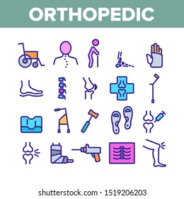 Orthopedic Collection Elements Vector Icons Set Thin Line. Orthopedic And Trauma Rehabilitation, Cervical Collar And Walkers Concept Linear Pictograms. Medical Rehab Color Contour Illustrations