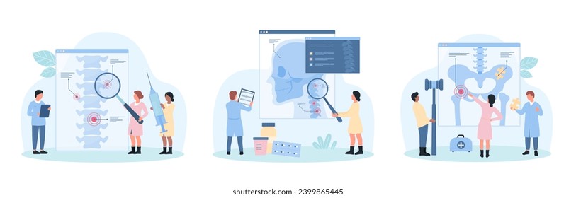 Orthopedic diseases set vector illustration. Cartoon tiny people with magnifying glass study spine, hip joint and neck in medical anatomy diagram for diagnosis, treatment and rehabilitation of patient