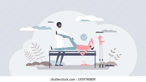 Orthopedic doctor as bone trauma physical rehabilitation tiny person concept. Professional occupation with patients in hospital vector illustration. Knee joint injury and ankle diagnosis treatment.