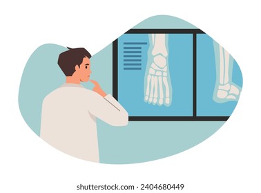 Orthopedic doctor design concept, vector illustration in flat cartoon style. Young man, male doctor in a medical office looking at x-rays of leg. Clinic interior, medical design