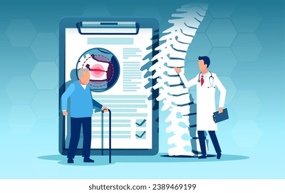 Orthopedic doctor examines lower back pain in an elderly patient, gives consultation and advice