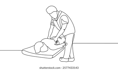 An orthopedic doctor examines a man's back. The doctor checks your posture, spine and joints. The importance of timely diagnosis of the musculoskeletal system and correction of disorders. Vector.