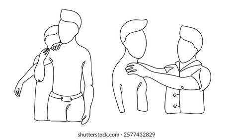 An orthopedic doctor examines a patient's shoulder joint. Diagnostics of the musculoskeletal system. Medical isolated vector on white background.