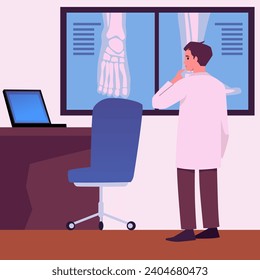 Orthopedic doctor examines x-ray images of foot in his office. Orthopedist at work in clinic. Flat vector illustration concept.