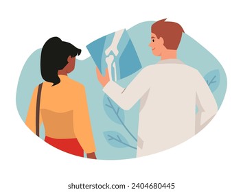 Orthopedic doctor examining xray pictures of joints leg, knee in doctor office. Treatment and healthcare concept. Osteoarthritis, rheumatoid arthritis. Vector illustration isolated on floral