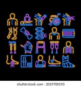 Orthopedic Elements neon light sign vector. Glowing bright icon  Orthopedic And Trauma Rehabilitation, Cervical Collar And Walkers Concept Pictograms. Medical Rehab Goods Illustrations svg