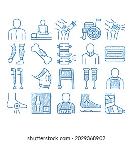 Orthopedic Elements sketch icon vector. Hand drawn blue doodle line art Orthopedic And Trauma Rehabilitation, Cervical Collar And Walkers Concept Pictograms. Medical Rehab Goods Illustrations svg