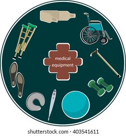 orthopedic equipment - cane, wheelchairs, crutches, dumbbells, insoles, thermometer, stick and so on.