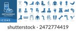 Orthopedic Equipment icon set. Crutches, Knee Brace, Ankle Support, Back Brace, Orthopedic Boot, Mobility Aid, Spinal Support, Wrist Splint, Cervical Collar, Elbow Brace