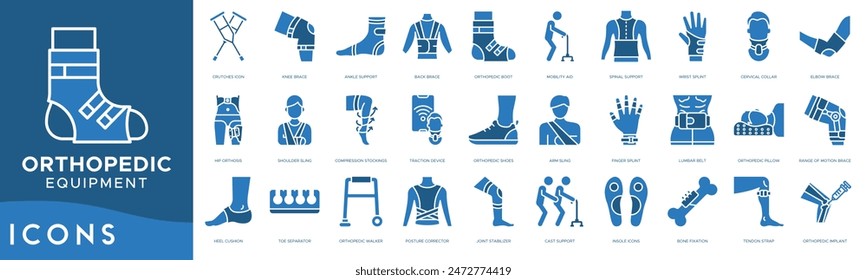 Orthopedic Equipment icon set. Crutches, Knee Brace, Ankle Support, Back Brace, Orthopedic Boot, Mobility Aid, Spinal Support, Wrist Splint, Cervical Collar, Elbow Brace