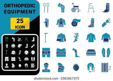 Orthopedic Equipment icon set. Crutches, Knee Brace, Ankle Support, Back Brace, Orthopedic Boot, and Mobility Aid.
