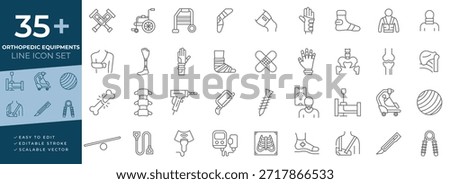 Orthopedic equipment Icon set line icon set with editable strokes and scalable vector symbols representing physical therapy, rehabilitation, patient recovery or professional digital projects.
