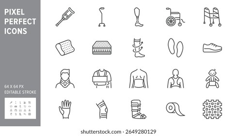 Orthopedic equipment line icon set. Vector illustration include icon - shoulder bandage, stockings, children orthosis outline pictogram for medical rehab devices. 64x64 Pixel Perfect, Editable Stroke.