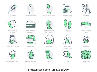 Orthopedic equipment line icon set. Vector illustration include icon - shoulder bandage, stockings, children orthosis outline pictogram for medical rehab devices. Green Color, Editable Stroke.
