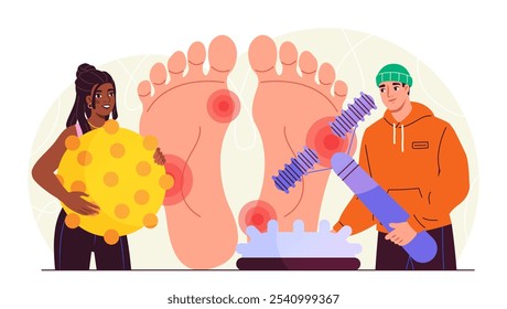 Ortopédico com pé. Mulher e homem com equipamentos ortopédicos perto de grandes saltos. Correção de pés planos. Diagnóstico e tratamento. Ilustração de vetor plano isolada no plano de fundo branco