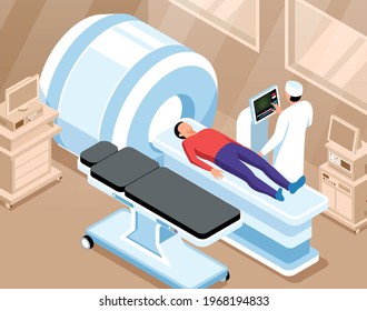 Orthopedic Horizontal Vector Illustration With Doctor Prepare For Magnetic Resonance Imaging Scan Of Patient Lying Down On Mri Machine