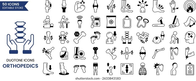 Orthopedic icon set in duotone style. A set of icons related to broken bones, calcium, x-ray, injury and joints and more. Vector illustration