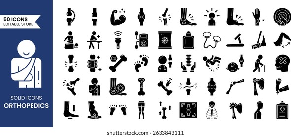 Ícone ortopédico definido em estilo sólido. Um conjunto de ícones relacionados a ossos quebrados, cálcio, raios-x, lesões e articulações e muito mais. Ilustração vetorial