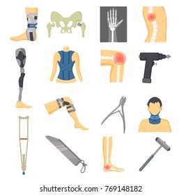 Orthopedic icons collection, hand shown in x-ray, man with bandage on neck, leg and foot in pain, spine and problems, tools vector illustration icons set