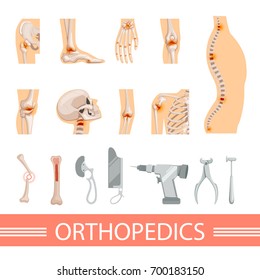 Orthopedic icons set. Human skeleton, bones and different medical accessories