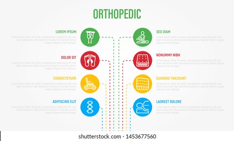 Orthopedic infographics in circles with thin line icons and place for text near. Medical data visualization. Flat foot, scoliosis, mattress, electric wheelchair, walking stick. Vector illustration.