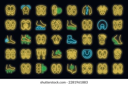 Orthopedic insoles icons set outline vector. Food adhesive. Insole shoe neon color on black