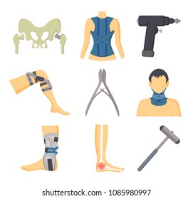 Orthopedic instruments with equipment for recovery. Special corsets, solid fixators, injured body parts and tools for surgery vector illustrations.