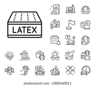 Signo de la almohadilla de látex ortopédica. Iconos del contorno del avión, el mapa de viajes y la reclamación de equipaje. Icono de la línea de la cámara. Símbolo de cama de sueño inrespirable. Señal de la línea del colchón de látex. Alquiler de coches, icono del transporte de taxis. Vector