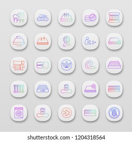 Orthopedic mattress app icons set. UI/UX user interface. Latex, innerspring and memory foam mattresses. Breathable, ecological, anatomic, waterproof bedding, antiallergic. Vector isolated illustration