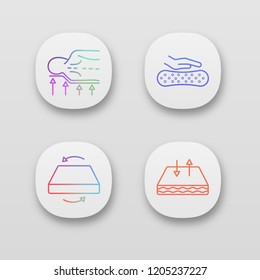 Orthopedic mattress app icons set. Back support, latex material, dual season mattress, breathable cover. UI/UX user interface. Web or mobile applications. Vector isolated illustrations