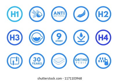 Orthopedic mattress blue icons. Mattresses properties: anti dust mite, spine support, washable, breathable, memory foam, bedding, antibacterial, waterproof, hard, soft, coconut strife, bilateral,white