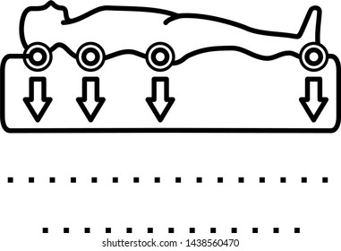 Orthopedic mattress concept: a person lies and the mattress bends along the body line. Icon in outline style