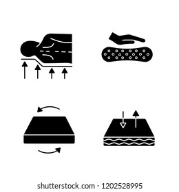 Orthopedic mattress glyph icons set. Back support, latex material, dual season mattress, breathable cover. Silhouette symbols. Vector isolated illustration