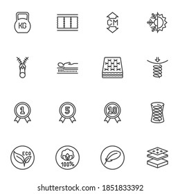 Orthopedic mattress line icons set, outline vector symbol collection, linear style pictogram pack. Signs, logo illustration. Set includes icons as eco material, correct sleep, warranty