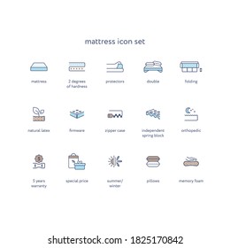 Orthopedic mattress linear icon set. Mattresses properties symbol pack — spine support, washable cover, hardness, latex, bedding illustrations. Isolated contour illustration