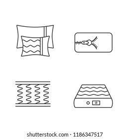 Orthopedic mattress linear icons set. Pillows, removable cover, spring and air mattresses. Thin line contour symbols. Isolated vector outline illustrations. Editable stroke